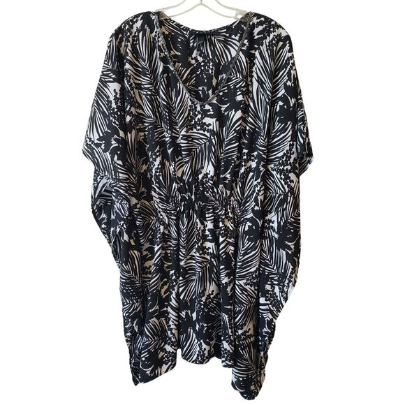 Lane Bryant Black White Palm Leaf Print Beaded Neck Embellished Swim Cover Up - Picture 1 of 11